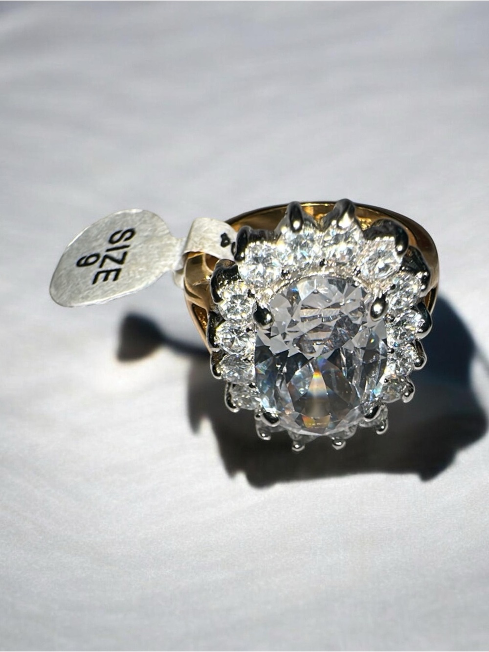 14kt Gold-ElectroPlated Clear Crystal Halo Cocktail Ring with Cubic Zirconia - Picture 1 of 6